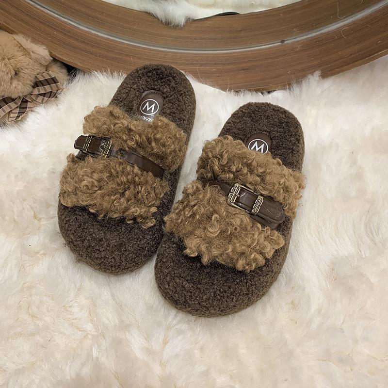 Retro Thick-soled Fluffy Slippers for Women To Wear 2025 Autumn and Winter New Korean Version Comfortable Slippers One-word Cotton Towing Women's Shoe