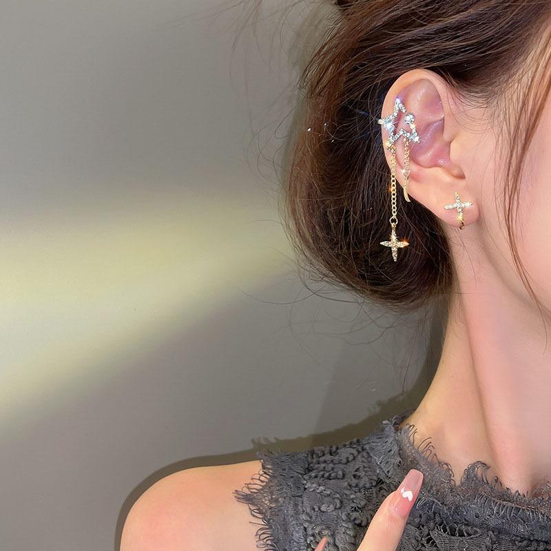 Sparkling Asymmetric Zircon Star Moon Ear Clip for Women Without Piercing Cross Tassel Ear Cuff Clip Earrings Wedding Jewelry