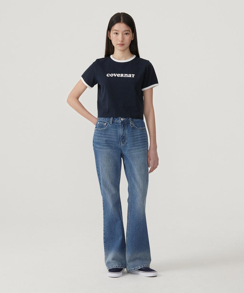COVERNAT WOMAN Crop Cooper Logo Ringer T-Shirt Navy