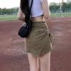 2025 Summer Khaki Women's Denim Drawstring Skirt Pants with Irregular Hem and Anti-Exposure Design