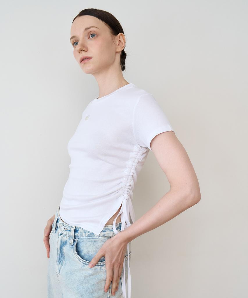 BIBYSEOB Asymmetrical Shirred Half T-Shirt White [T42]