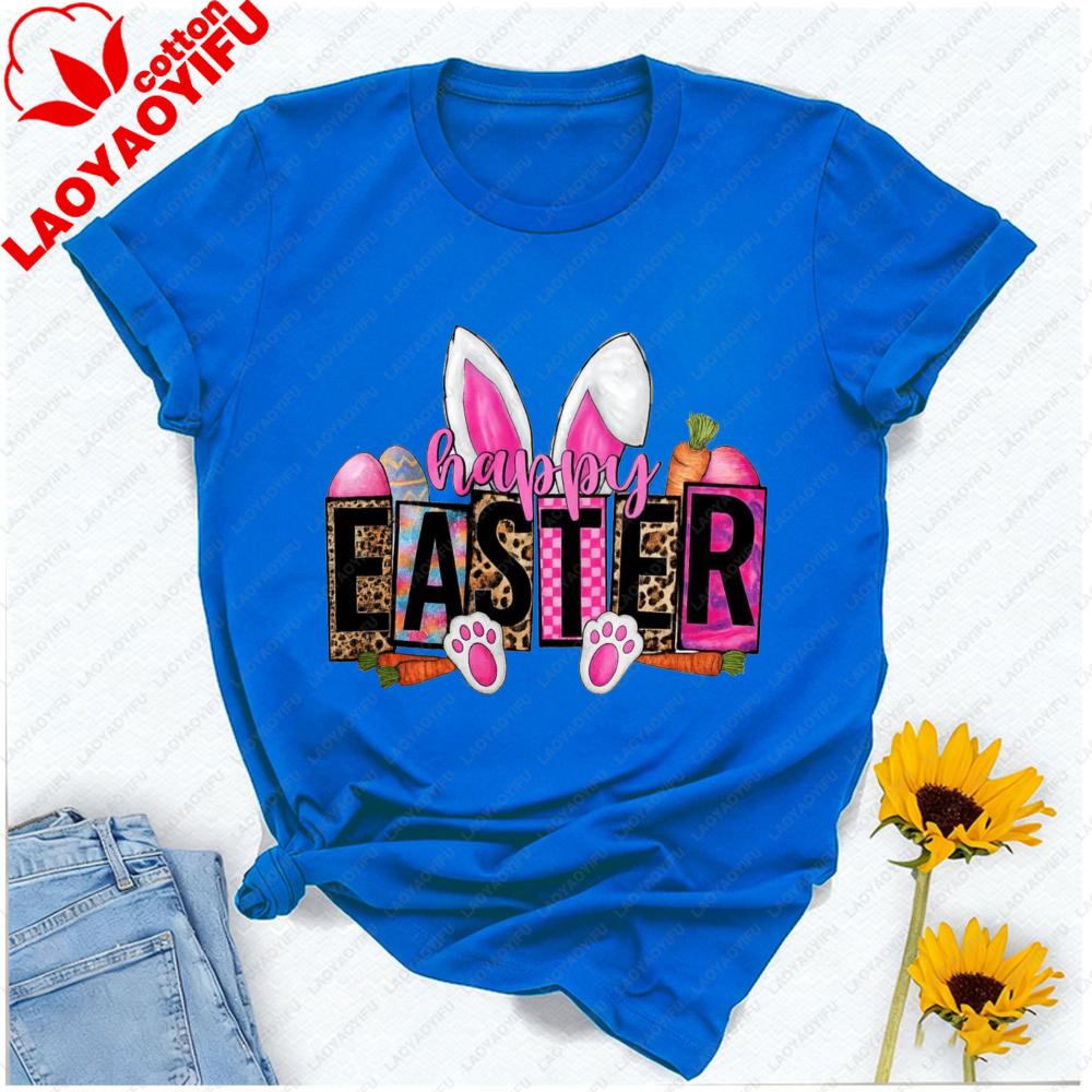 Pastel Happy Easter Tshirt Leopard Tie Dye Lettering With Bunny Ears Paws Carrots Graphic Breathable Cotton Casual Streetwear