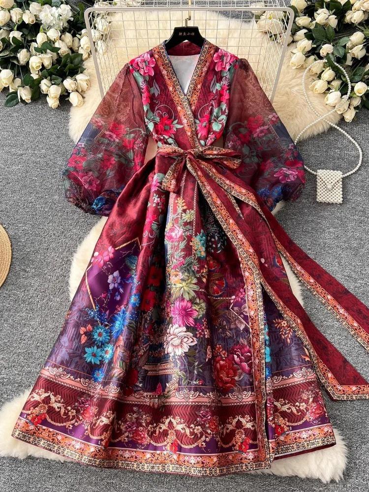 Vestido de Fiesta Boho para Mujer Impresión Floral Preciosa Gasa Manga de Farol Cierre de Cordones Cruzado Cuello en V Empalme de Banda de Satén