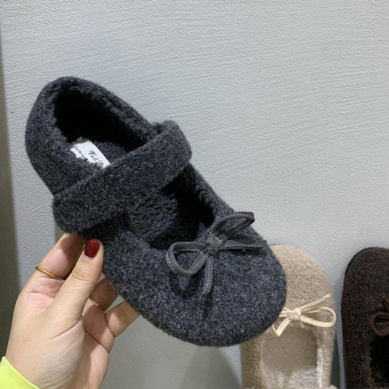 Fashion Design Elegant Plush Loafers Women's Shearling Ballet Flats Strap Warm Rabbit Fur Lined Crystal Buckle Mary Jane Flat Shoes