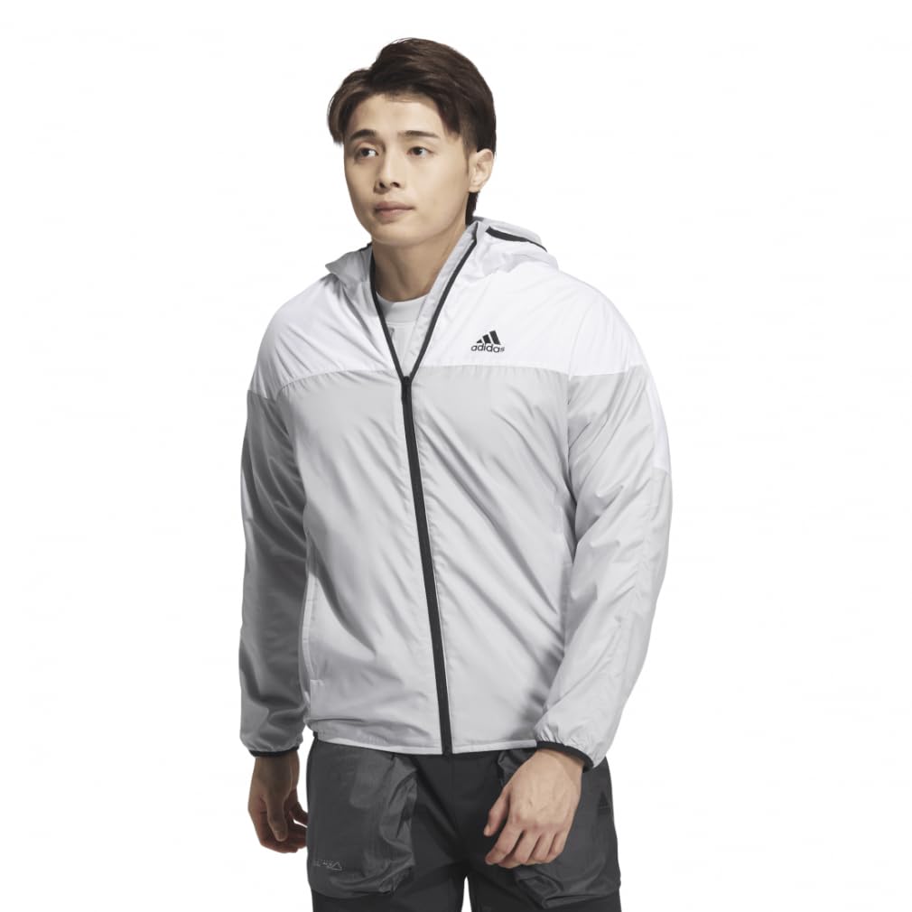 Adidas Rdy Hooded Windbreaker Jacket Light Gray Heather Solid a Jersey Top with a Small Logo and Regular Men's Wind. (KWX77), Gray/White (JG8532),