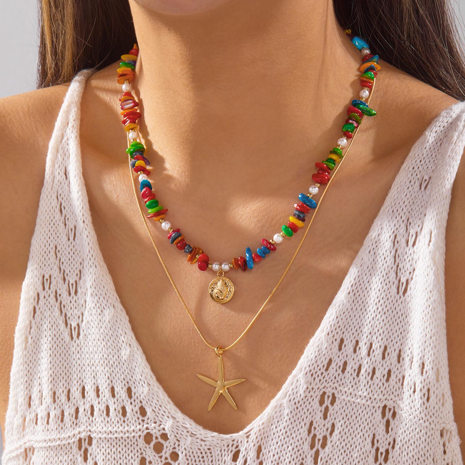 

Bohemian Colorful Irregular Gravel Beaded Necklaces for Women Handmade Starfish Shell Conch Necklaces Summer Party Jewelry
