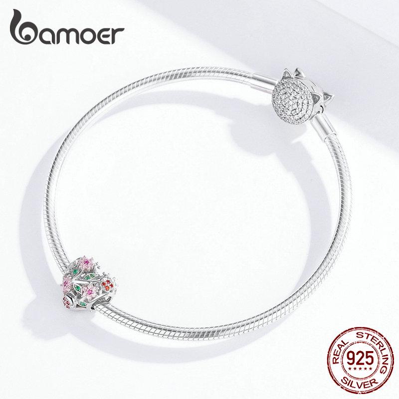 BAMOER 925 Sterling Silver Heart Shape Charm Jewelry Making Pink Flower Beads for Original Bracelet