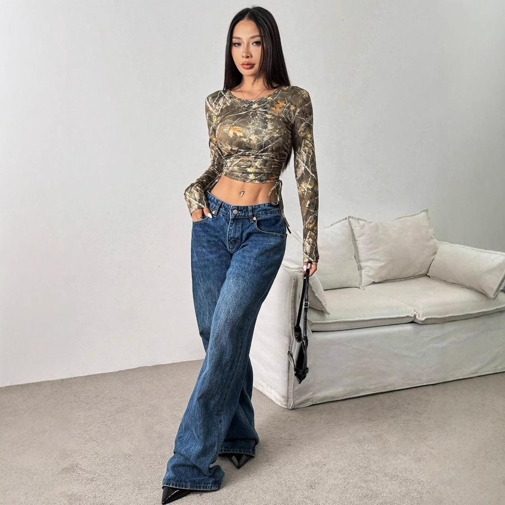 Frühlings Damen Mesh Baumzweig Druck Seitenkordelzug Slim Kurzarm T-Shirt Tops Damen Vielseitige Schrank-Essentials Modeartikel Shirt