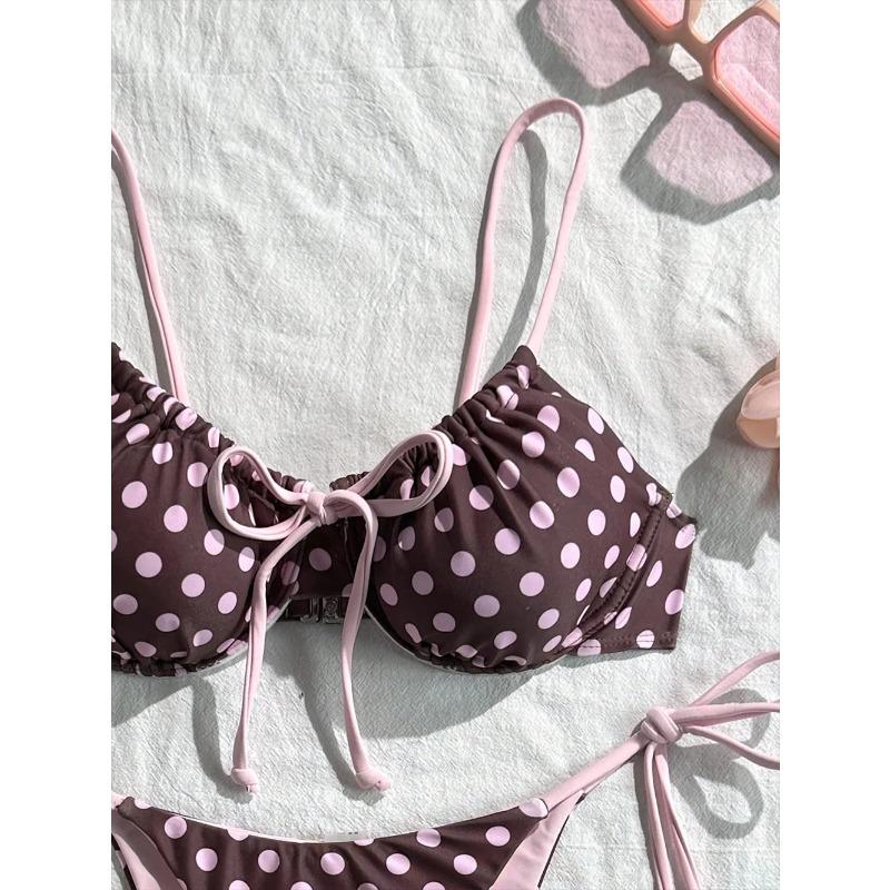 Vintage Brown Pink Polka Dot Bikini Set Women 2026 Summer Tie Side High Cut Swimsuit Two Piece Bathing Suit