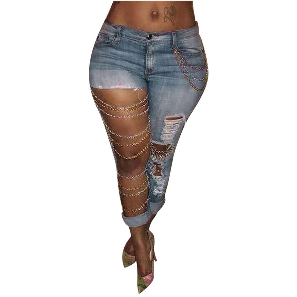 Fashion Women Solid Slim Denim Ripped Chain Big Hole Jeans Trousers Pencil Pants