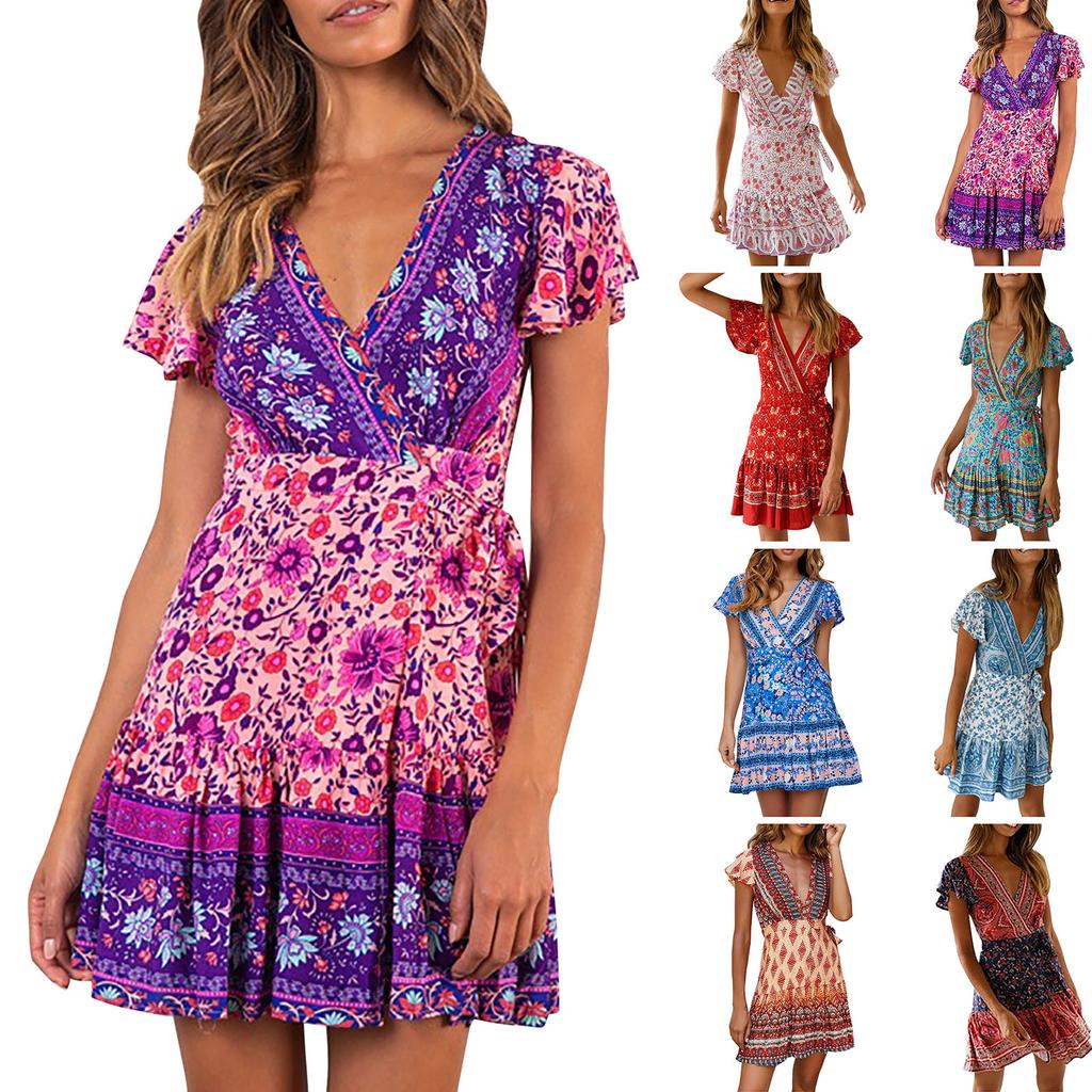 Women's Fashion Casual Summer V-Neck Sexy Bohemian Print Women's Dress