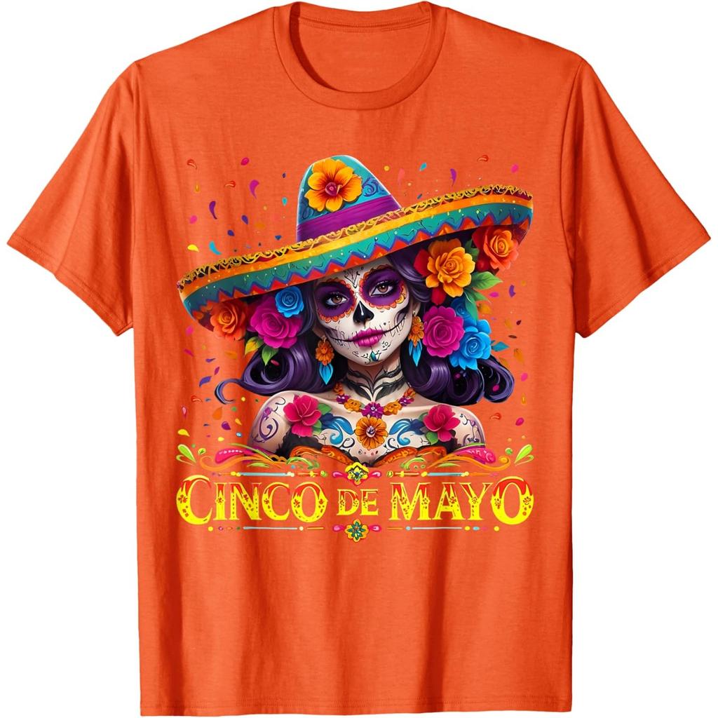 Cinco De Mayo Sugar Skull Women Sombrero Graphic T-Shirt Casual Cotton Tee