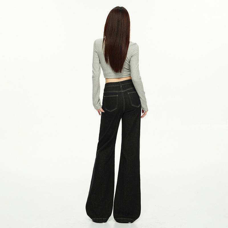 American micro-pull denim women's pants show thin elastic niche design denim trousers extended black and gold trousers Yichun