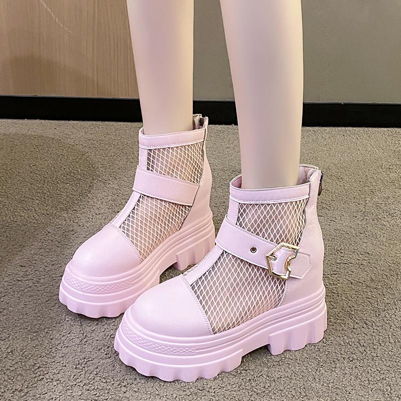 Women Platform 10cm Mesh Leather White Sneakers Shoes New White Wedge Vulcanize Shoes Hidden Heel Breathable Female Casual Shoes
