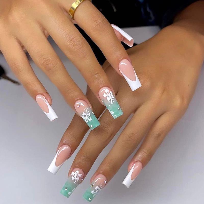 Gradient Wearable Nails Pure Handmade Long Manicure Green White Nail Stickers Small Clear Wearable Nails