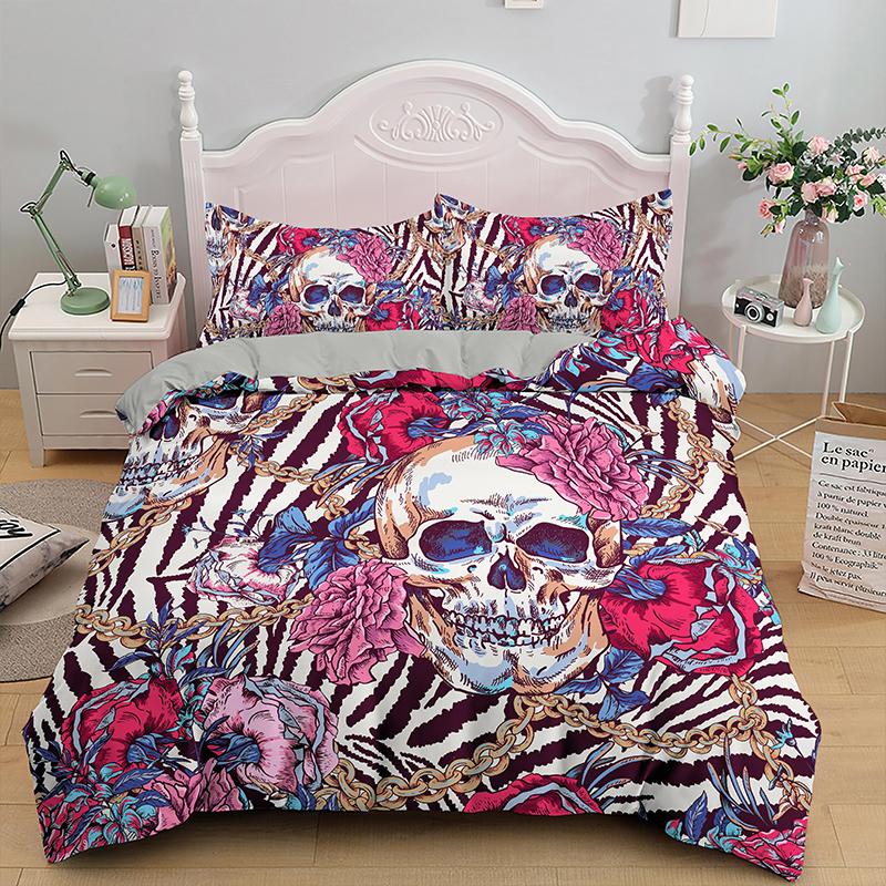 Skull Duvet Cover King, Halloween Comforter Cover,Gothic Fog Smoke Skull Skeleton Bedding Set,Grey Quilt Cover Room Decor 2/3pcs