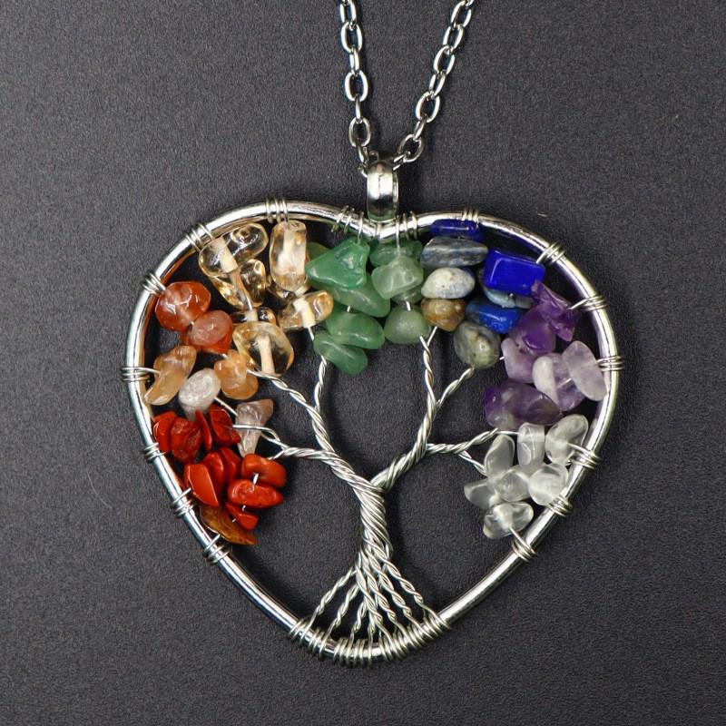 7-Color Natural Stone Money Tree Pendant Necklace - Handmade Wire-Wrapped Crystal Gravel Life Tree Ornament (N02)