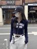 American Retro Hot Girl Double Zipper Cropped Top - Slim Fit Printed T-Shirt for Early Autumn