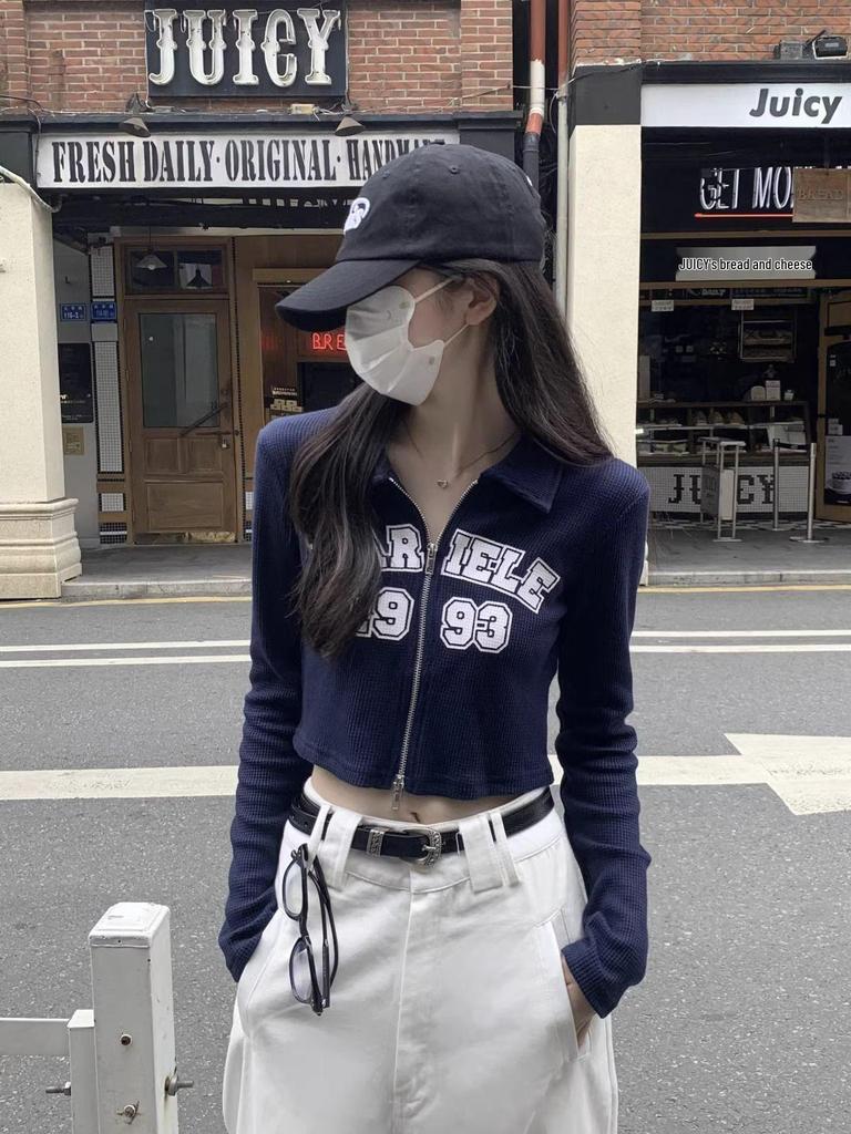 American Retro Hot Girl Double Zipper Cropped Top - Slim Fit Printed T-Shirt for Early Autumn