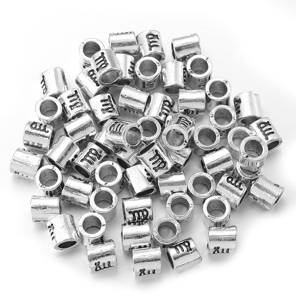60pcs/lot Twelve Constellations Beads Alloy Beads Big Hole Tube Beads Spacer Loose Beads For Jewelry Making DIY Accessories