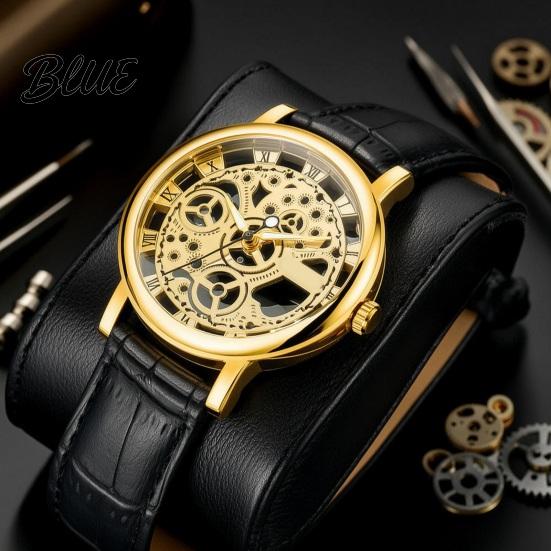 Quartz Watch Men Vintage Hollow Round Dial Faux Leather Strap