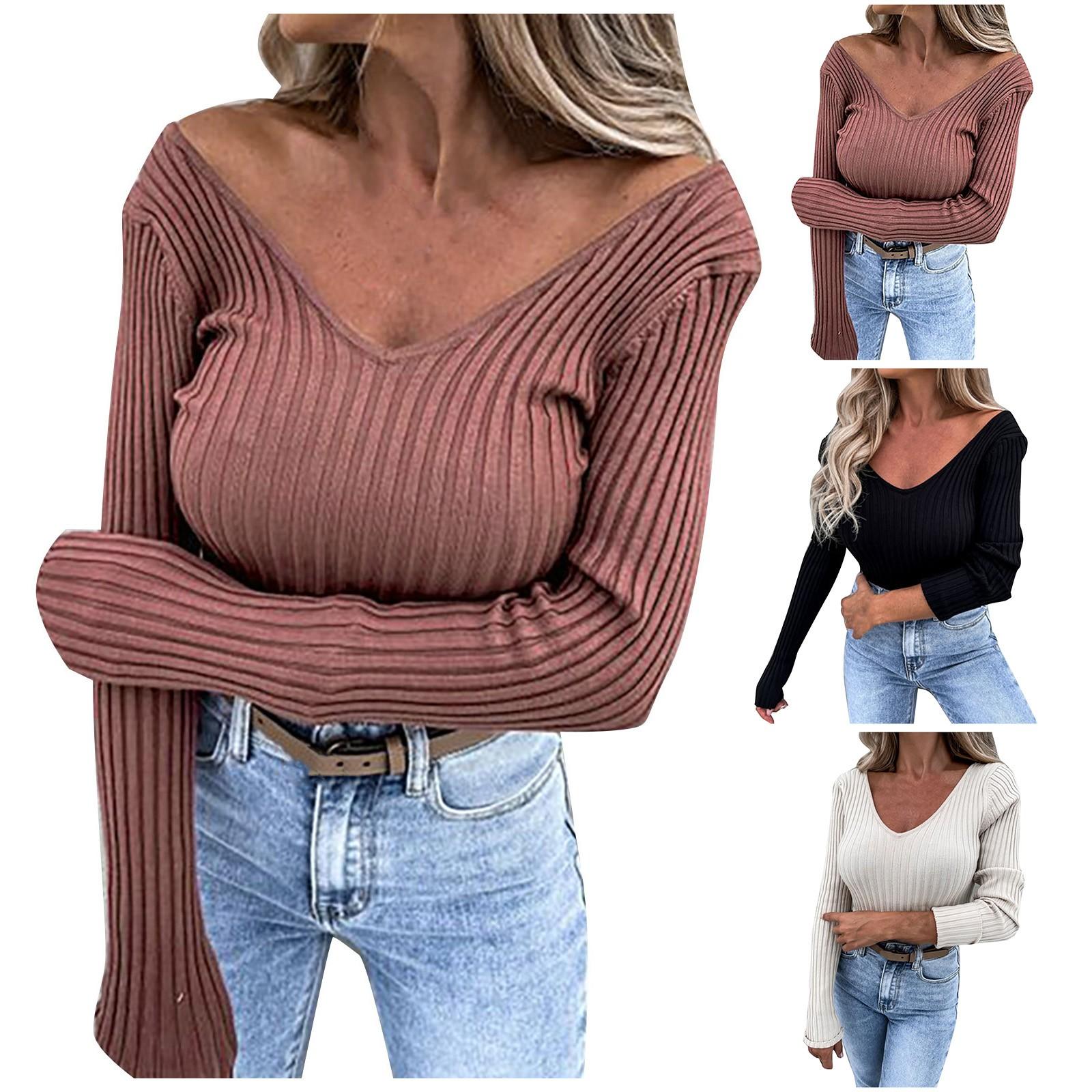 

Женская мода с v-образным вырезом, сексуальная однотонная футболка с длинным рукавом, топ