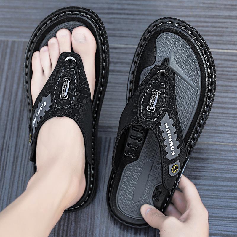 Men Flip Flops Hiking Sandals Leather Outdoor Summer White Black Wide Palm Blue Beach Shoes Plus Size Open Toe Plus Size
