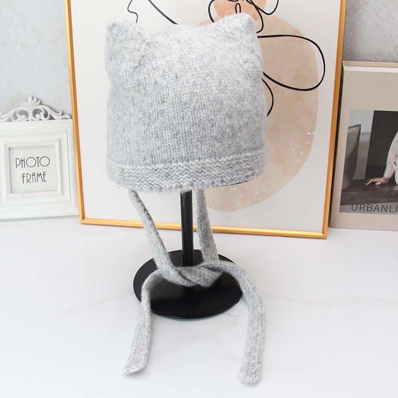Cute cat ears lace-up knitted wool hat women's autumn and winter outdoor warmth versatile and thin bag head ear protection hat