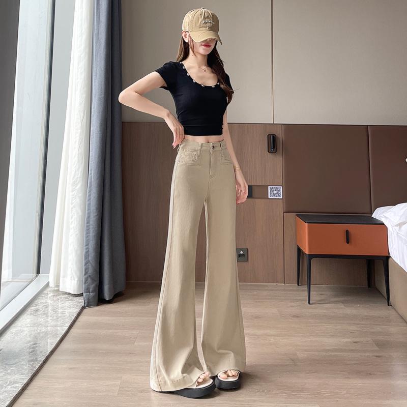 Khaki High Waist Retro Flare Jeans for Women - Slimming Fit, Wide-Leg, Perfect for Spring & Autumn