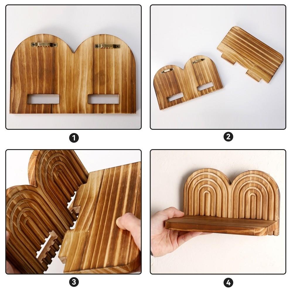 Wall Mounted Boho Wooden Shelves Rainbow Design Geometric Arched Wall Shelves Floating Threaded Multi-Layer