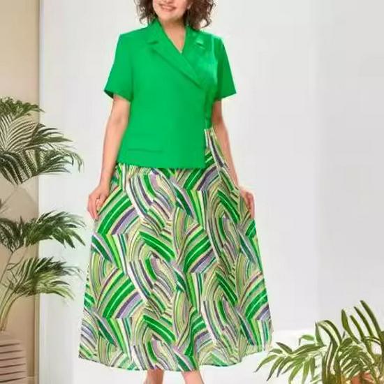 Women's 2024 Summer Green Short-Sleeved French-Spliced Dress