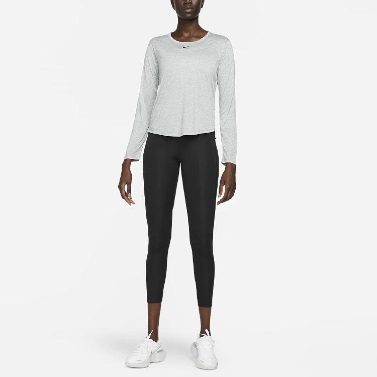 Nike Dri-FIT One Solid Logo Round Neck Long Sleeve T-Shirt Women Tops Light-Gray DD0642-073