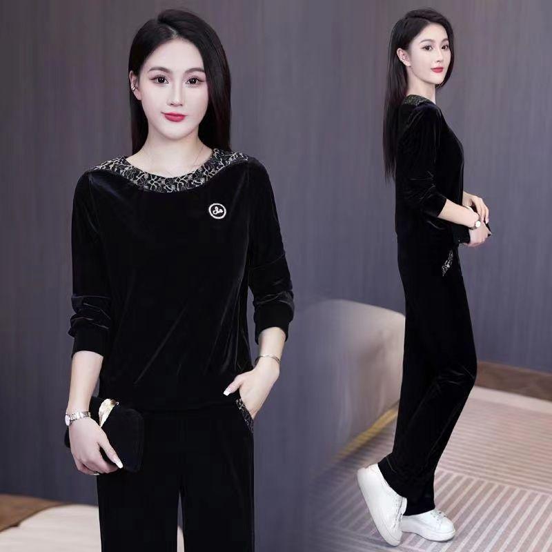 

Women s Fall Elegant Set: Youthful and Slimming Round-Neck Top + Loose Straight-Leg Drape Pants Two-Piece Set XS