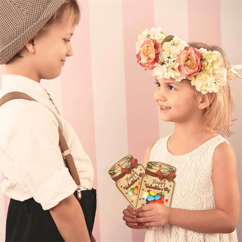 24/48pcs Set Kraft Candy Valentine's Day Drifting Card Set Clear Sealed Bags Valentine Exchange Cards For Classroom Party Favors