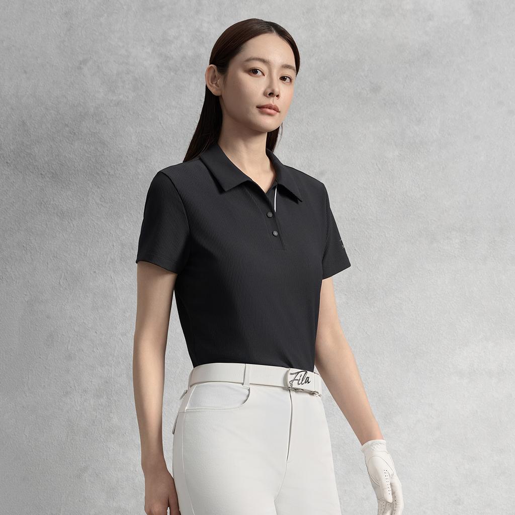Fila Golf Series Fashionable Simple Slimming Casual Sports Golf Versatile Comfortable Knitted Short Sleeve Polo Shirt Women Tops A11W535114FBK
