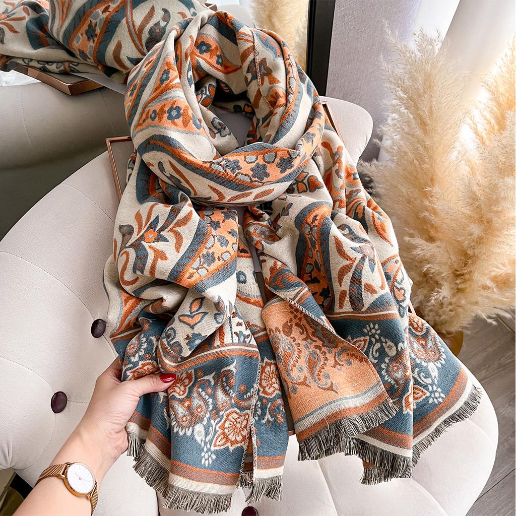 Women New Jacquard Pashmina Imitation Cashmere Scarf Winter Thick Warmth Two-Sided Shawl Cold And Wind Resistant Blanket Scarf