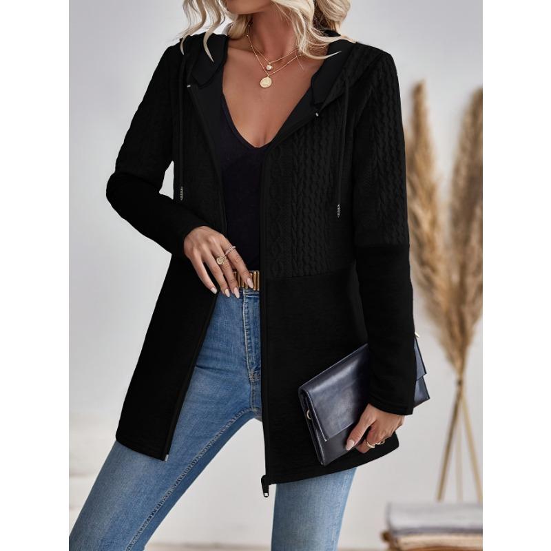 

Толстовка с капюшоном на молнии с текстурой, повседневная куртка с длинным рукавом и завязками на осень и зиму, женская одежда XL чёрный