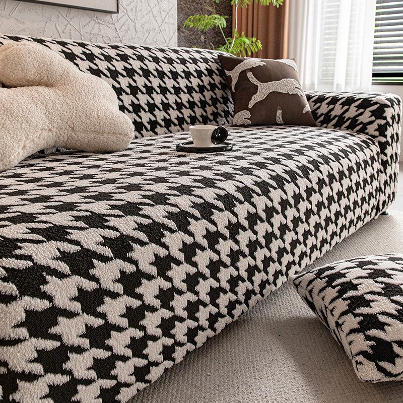 Cozy Houndstooth Check Velvet Sofa Cover All Inclusive Anti-Skid Seat Cushion Furniture Protection Slipcover For Living Room