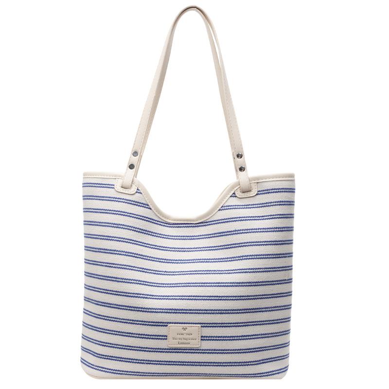 Casual Striped Canvas Bag Ladies 2025 Fashion Casual Simple Shoulder Large Capacity Work Handbag Commuter Bag