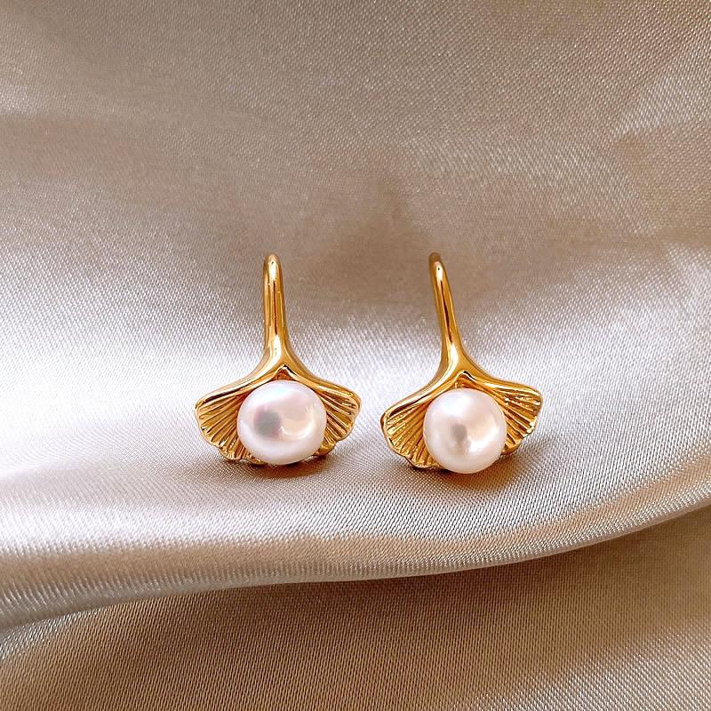 Golden Ginkgo Biloba Pearl Earrings Women S Light Luxury Temperament Atmospheric Earrings Girlfriend Unique Ear Jewelry