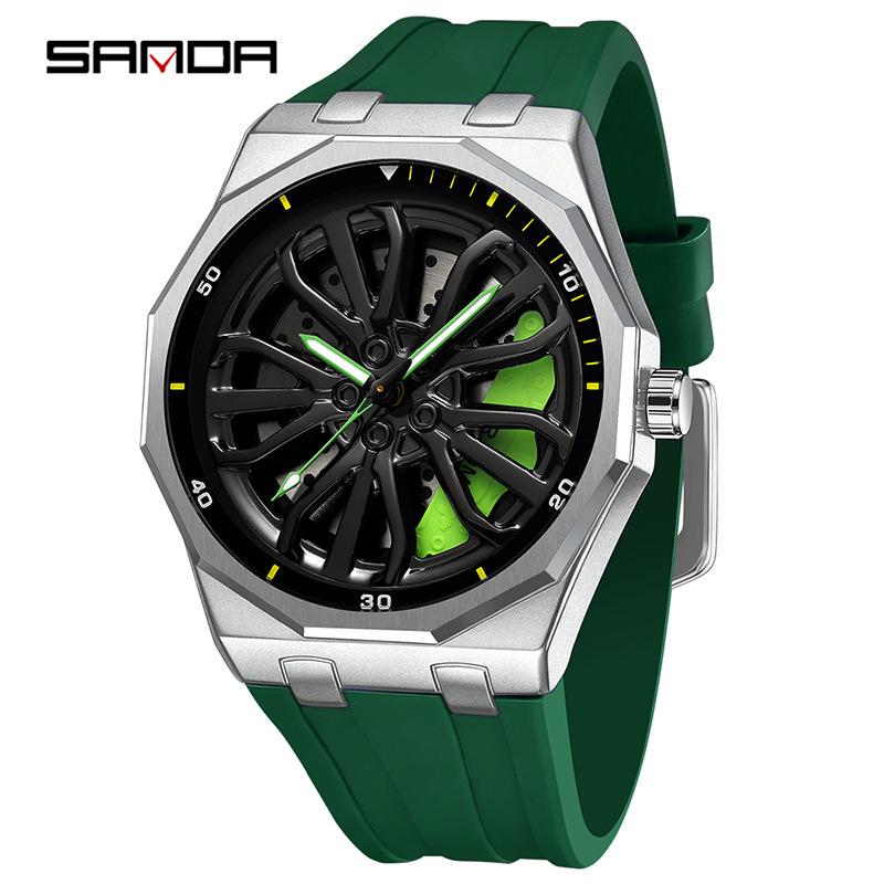 Fashion Sanda Top Brand Men's 360° Rotating Car Wheel Skeleton Dial Watch Luminous Quartz Sport Silicone Strap For Student Watch