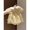 Sweet Cute Baby Girl Onesie Plaid Pattern Rabbit Embroidery Doll Collar Stylish Summer Crawling Bodysuit