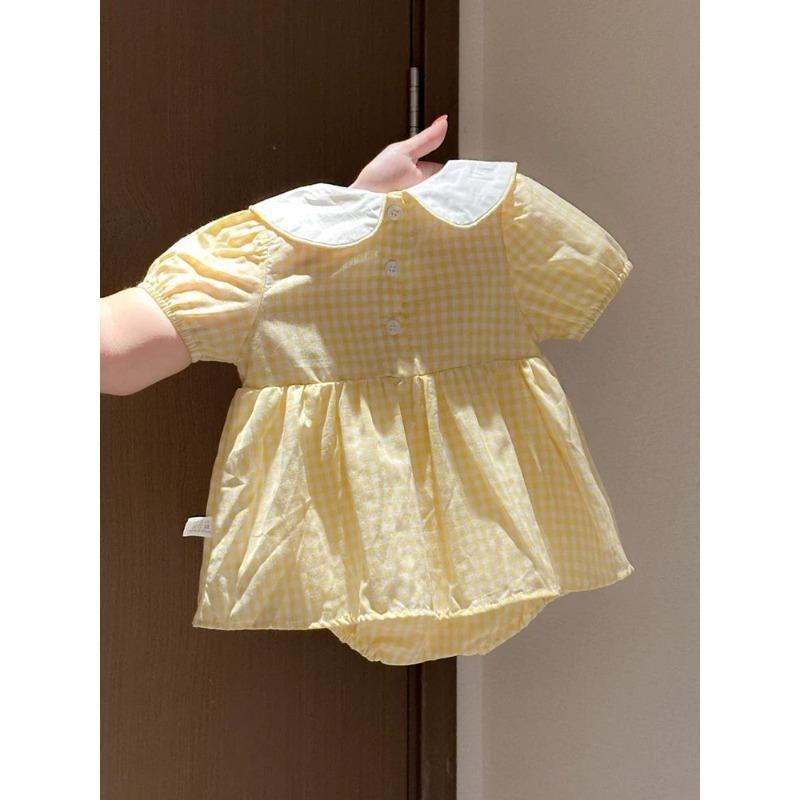 Sweet Cute Baby Girl Onesie Plaid Pattern Rabbit Embroidery Doll Collar Stylish Summer Crawling Bodysuit