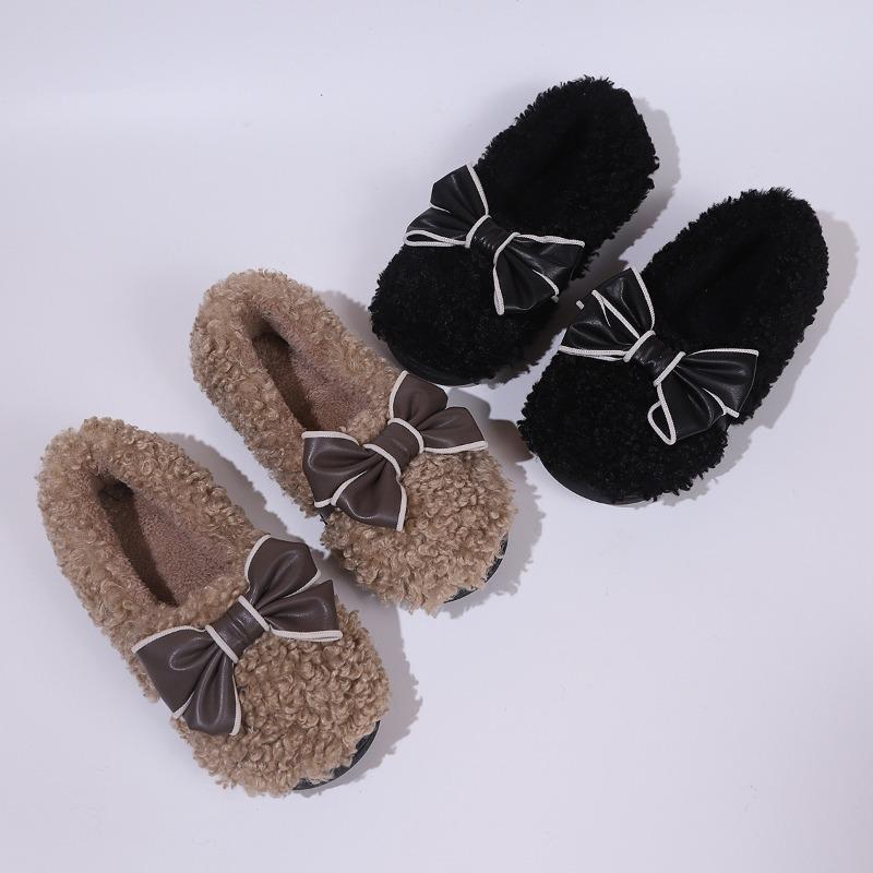 Cross-border versatile bow Doudou shoes fluffy bag heels home warm plush cute non-slip casual shoes