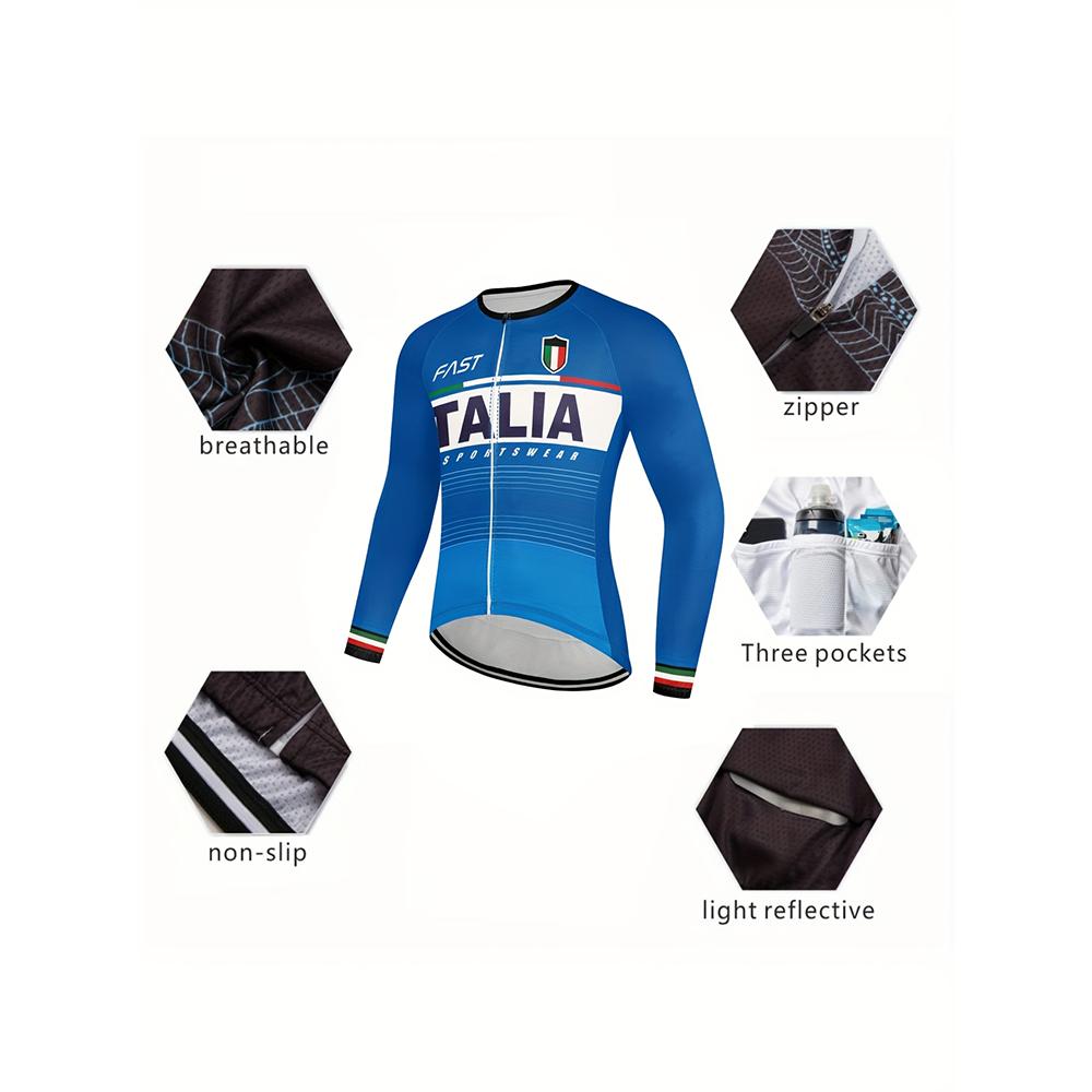 Men's Italian-inspired long-sleeved cycling jersey, suitable for mountain biking and road cycling, moisture-wicking and breathable, cycling top