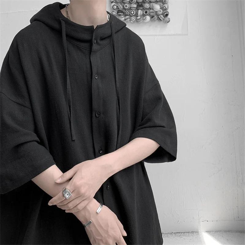 Camicia Oversize Vintage Stile Giapponese Estiva Uomo Casual Larga con Cappuccio Blusa All-Match Moda Streetwear Abbigliamento
