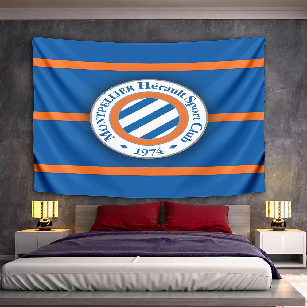 Montpellier Herault Sport Club 1974 Crest Blue Orange Striped Wall Tapestry French Football Fan Decor for Bedroom Gift