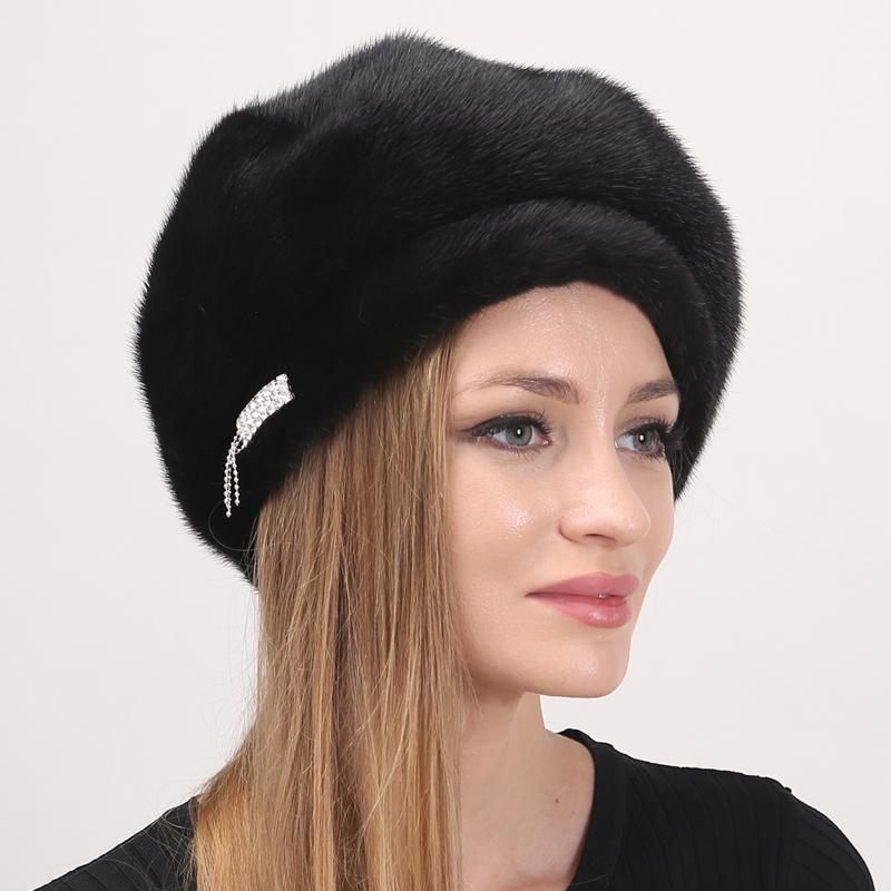 Winter Hat for Women Berets Real Mink Fur Furry Russian Hat