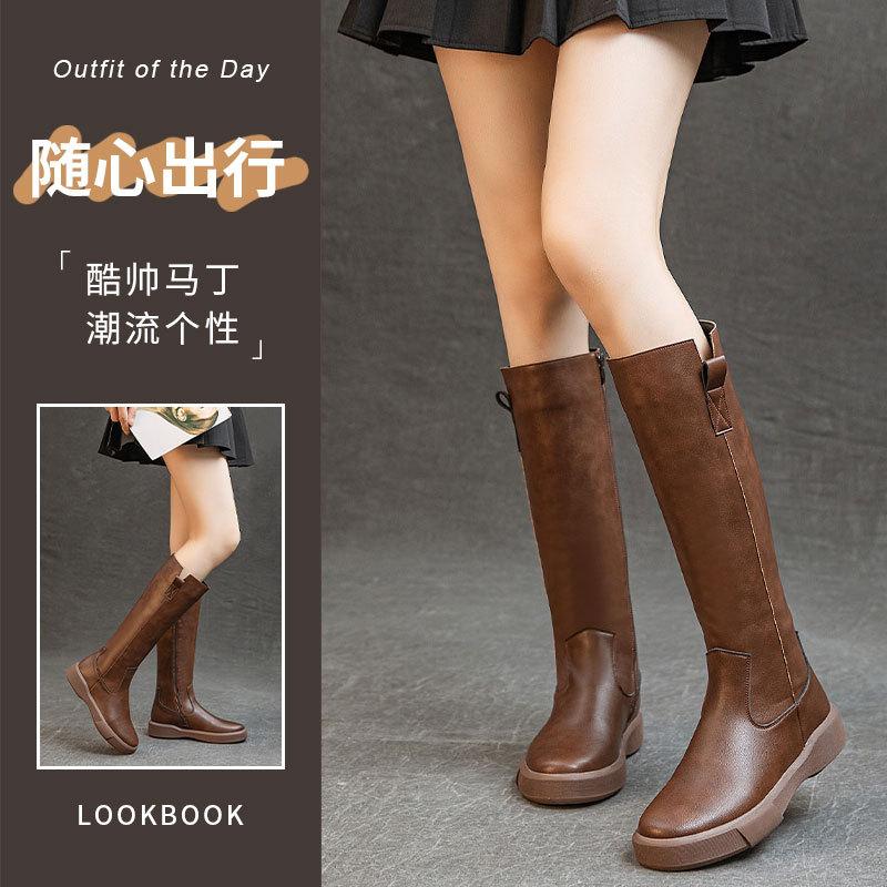 Customized 2025 Leather Knight Boots Women's British Style Boots Autumn and Winter Martin Boots But Knee High Boots