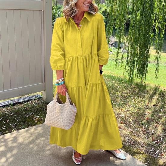Women's 45720 Sleeve Maxi Dress Button Up Lapel Swing Dress with Pockets A-line Ruffles
